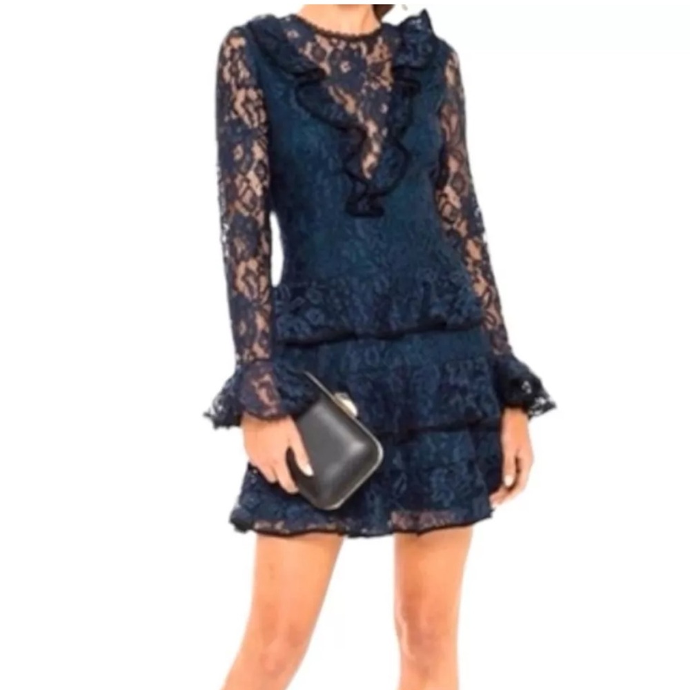 ALEXIS Long Sleeved Lace Tier Mini Dress Navy Blue